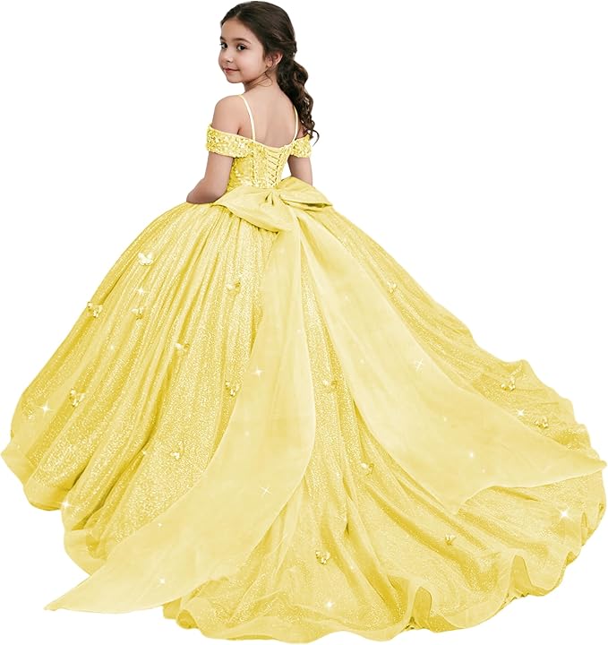 Yellow / 18m Sunnypetal Sparkling Off-Shoulder Glitter Tulle Flower Girl Dress with Oversized Bow