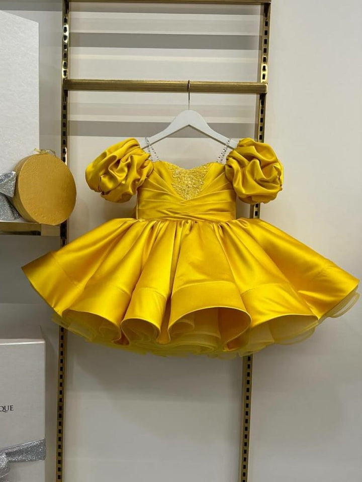 Yellow / 3m Sunnypetal Adorable Puff Sleeves Satin Flower Girl Dress Sage Green Knee-Length Ball-Gown for Kids
