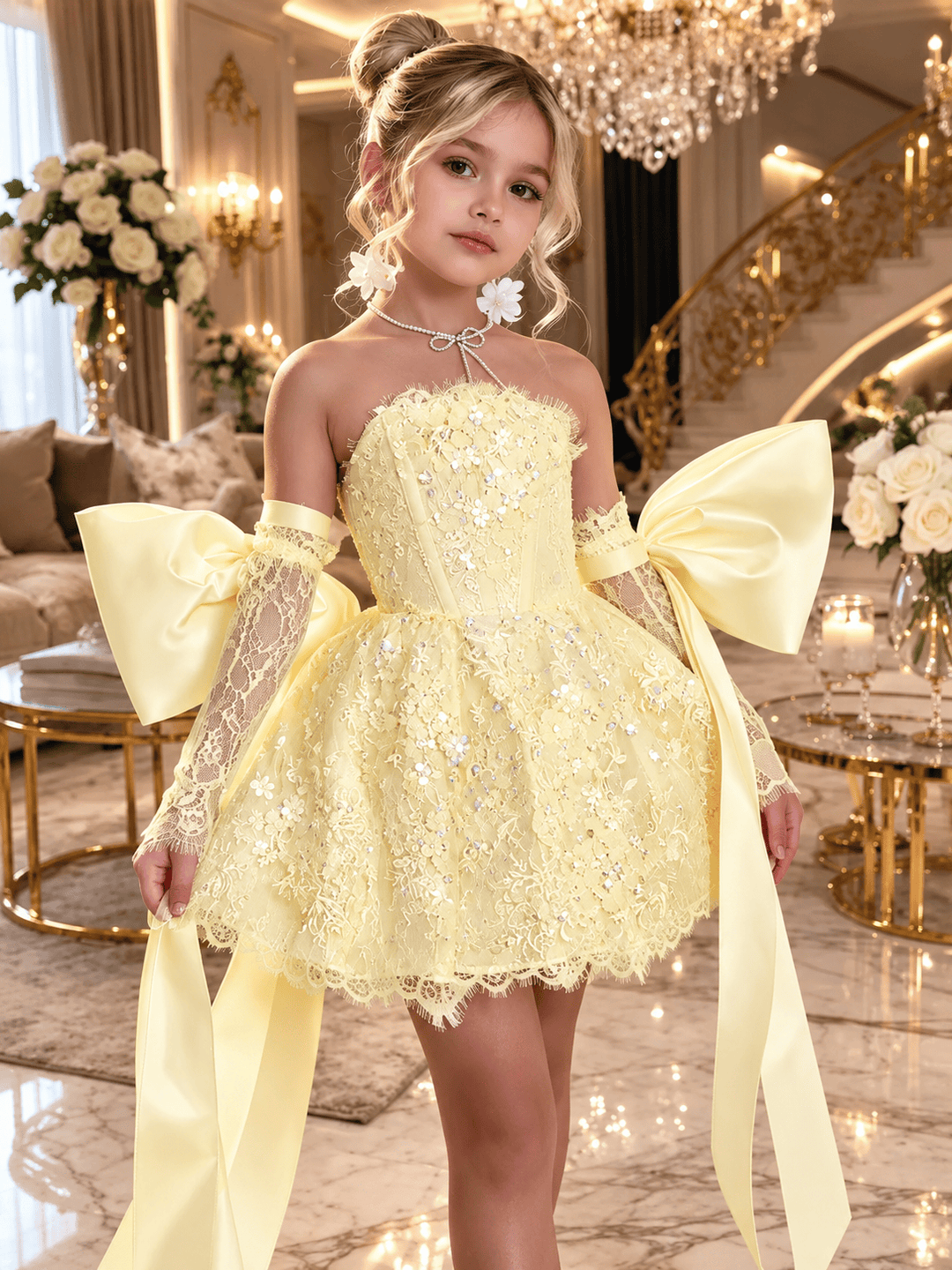 Yellow / 3m Sunnypetal Dreamy Light Blue Lace Flower Girl Dress with Oversized Bows for Special Occasions