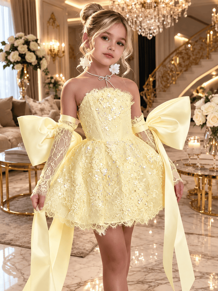 Yellow / 3m Sunnypetal Dreamy Light Blue Lace Flower Girl Dress with Oversized Bows for Special Occasions