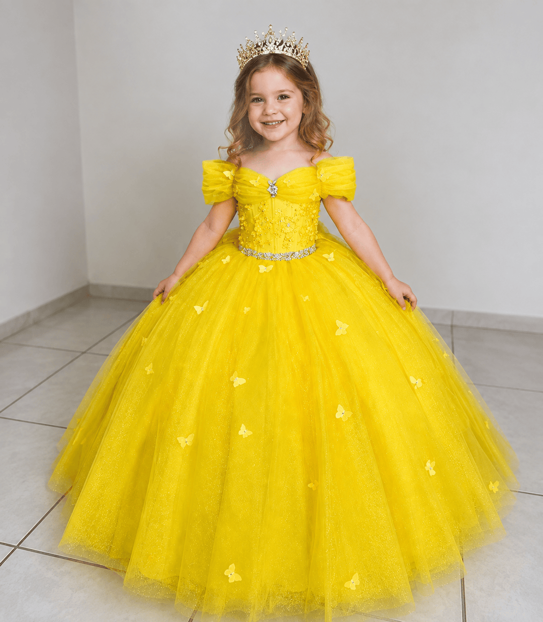 Yellow / 3m Sunnypetal Elegant Yellow Butterfly Princess Flower Girl Dress for Birthday Pageant