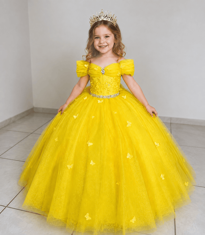 Yellow / 3m Sunnypetal Elegant Yellow Butterfly Princess Flower Girl Dress for Birthday Pageant