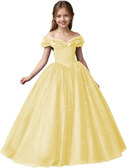 Yellow / 3m Sunnypetal Exquisite Off-Shoulder Tulle Flower Girl Dress for Special Occasions