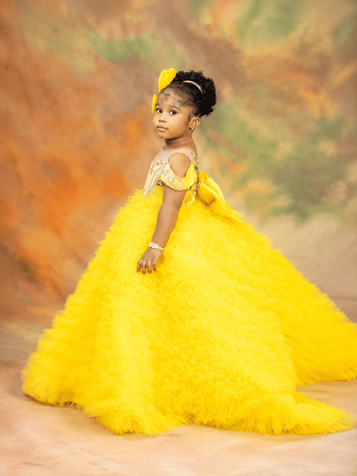 Yellow / 3m Sunnypetal Purple Sequin Off-Shoulder Ball Gown Flower Girl Dress for Birthday Pageant