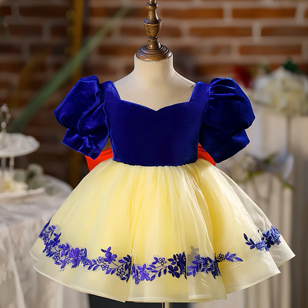 Yellow / 3m Sunnypetal Sweetheart Velvet Knee-Length Tulle Princess Flower Girl Dress with Red Bow