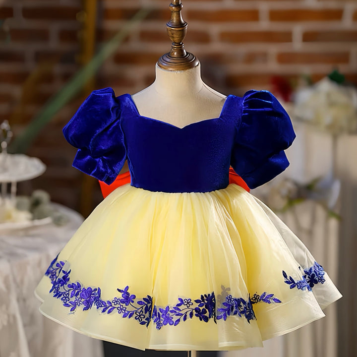 Yellow / 3m Sunnypetal Sweetheart Velvet Knee-Length Tulle Princess Flower Girl Dress with Red Bow