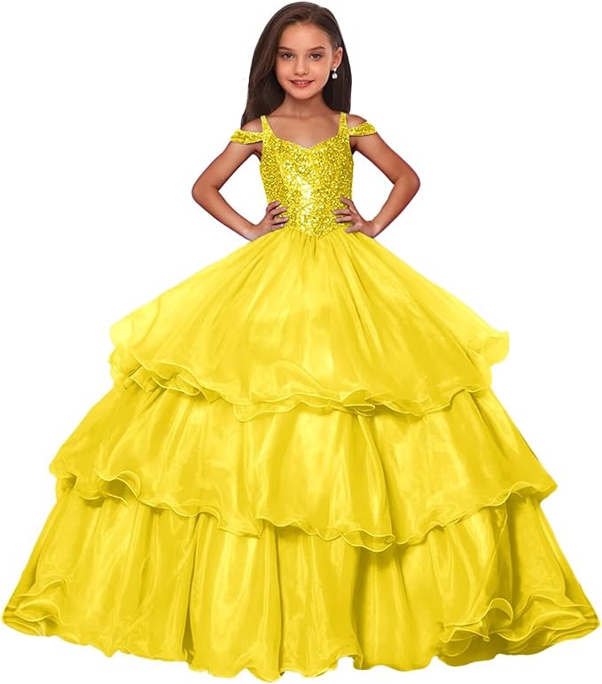 Yellow / 9m Sunnypetal Sparkly Sequin Organza Off Shoulder Ball Gown Flower Girl Dress for Pageant